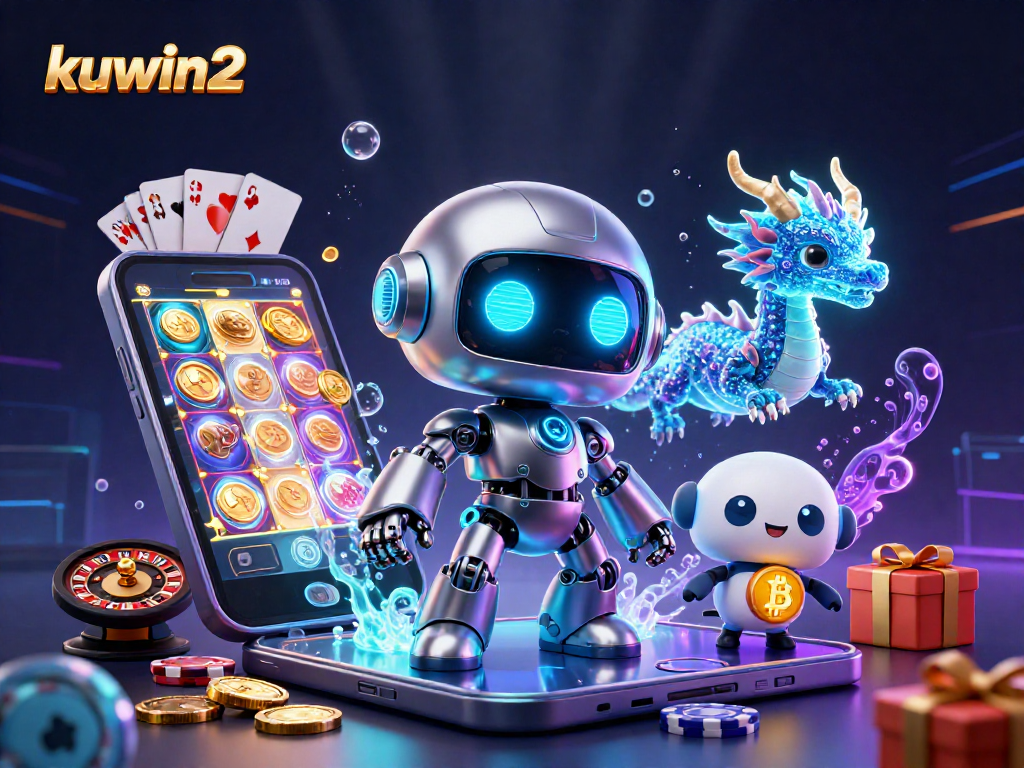 Engage in thrilling gaming with kuwin2's vibrant robot mascot and high-stakes casino elements.