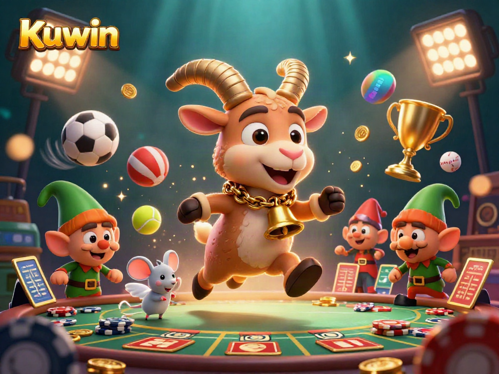 Kuwin's 3D casino scene featuring a Krampus goat and mischievous characters amidst vibrant gambling activities.
