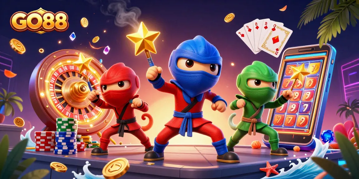 Engage with GO88's thrilling casino adventure featuring dynamic chameleons amidst spinning roulette and gold coins.