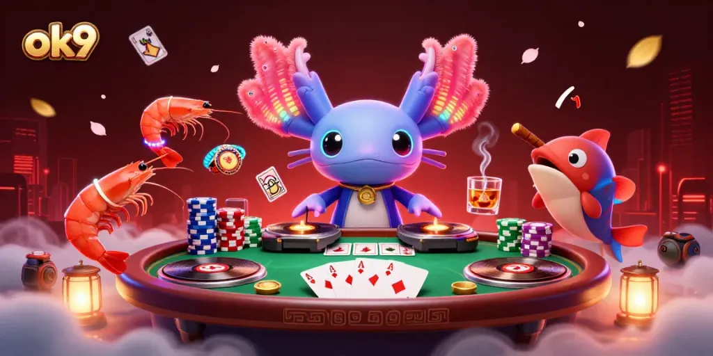 Engage in thrilling poker action with ok9, featuring vibrant characters and stacked chips.