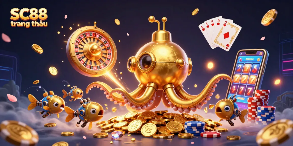 Win big at SC88 trang chủ with a vibrant 3D casino illustration showcasing thrilling games and golden treasures.