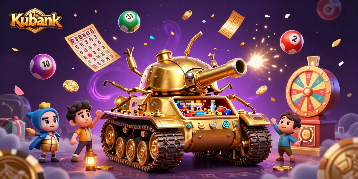 Kubank captivates with a vibrant casino scene in a golden beetle tank surrounded by dynamic lottery elements.