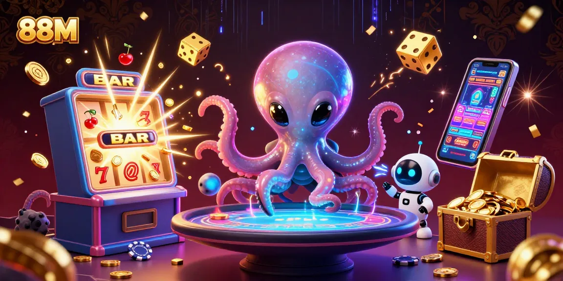 Engage in thrilling games at 88M with the colorful alien octopus and poker table in 3D action.