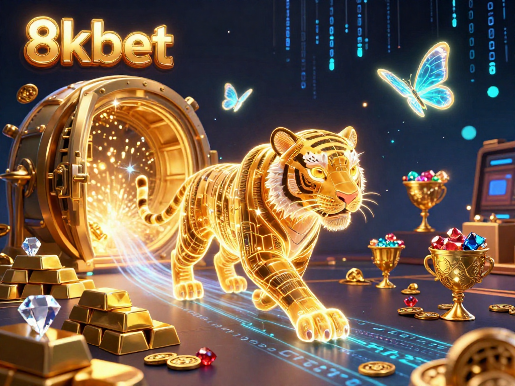 Experience the thrill of 8kbet with a dazzling 3D casino scene featuring a glowing tiger and treasure.