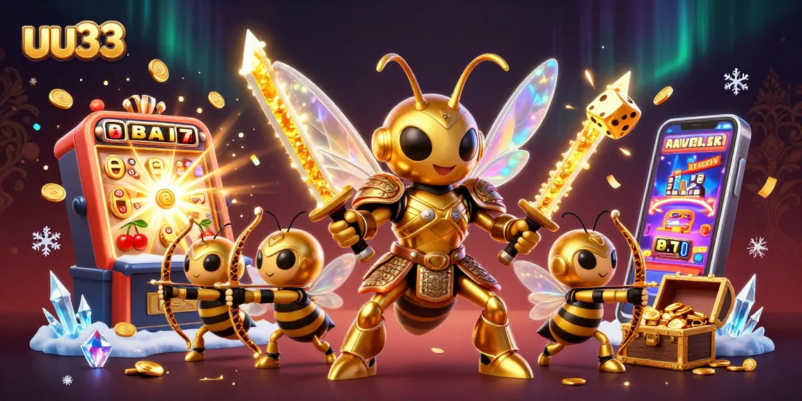uu33 showcases an epic jackpot scene with a golden hornet warrior and dynamic casino elements.