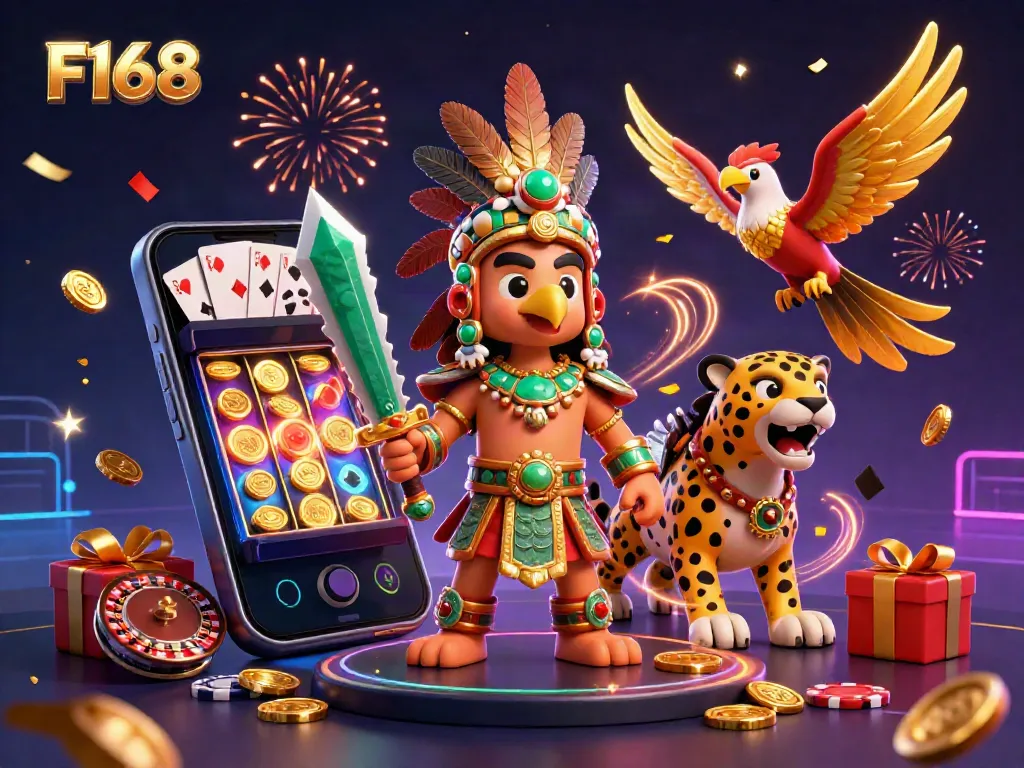 Experience the vibrant gameplay of F168 with a dynamic scene of Aztec warriors and casino elements.