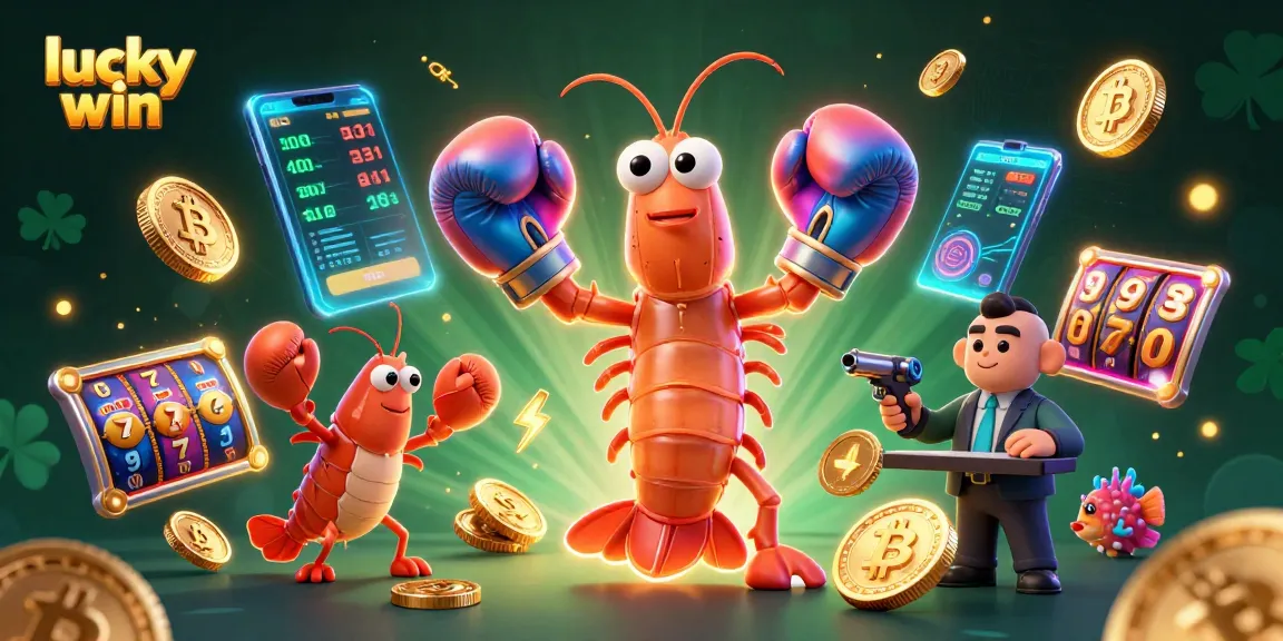 Experience big wins at Lucky Win Casino with vibrant game characters and crypto elements.