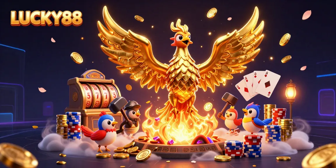 LUCKY88 features a golden phoenix among vibrant casino elements, symbolizing big wins and excitement.