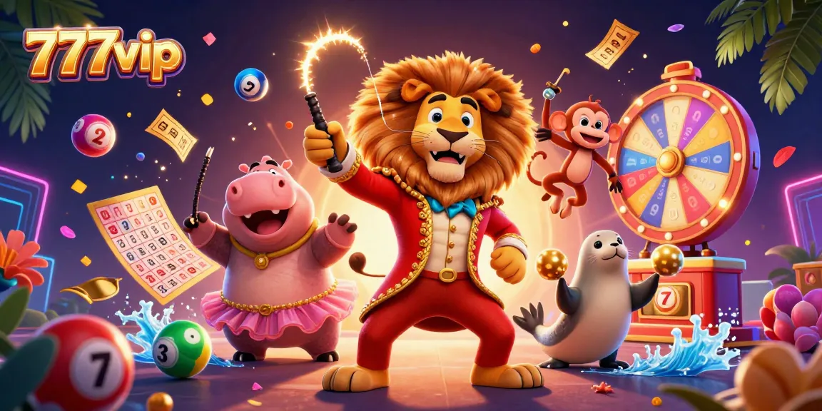 Experience thrilling gaming with 777vip through a vibrant circus of casino elements and exciting characters.