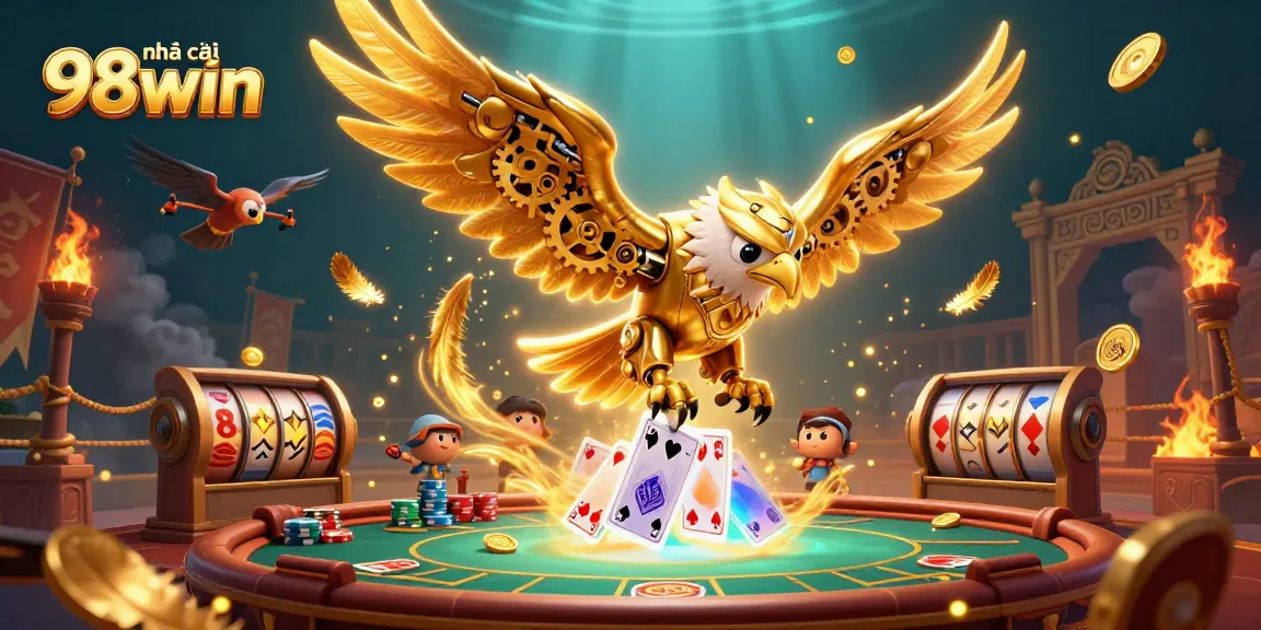 Experience dynamic gaming action at nhà cái 98win with immersive holographic elements and gold coins swirling around.