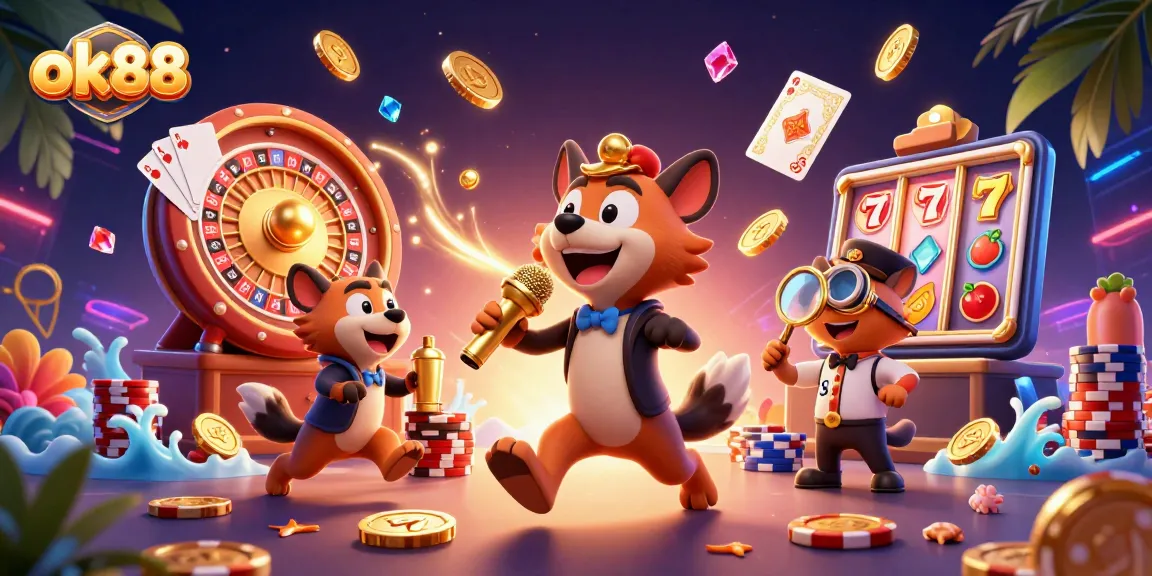Witness the excitement at ok88 with lively hyenas in a comedy casino scene featuring slot reels and playful elements.
