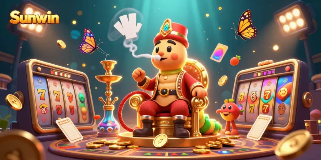 Experience exciting gameplay at Sunwin with this rich illustration of casino games and vibrant characters.