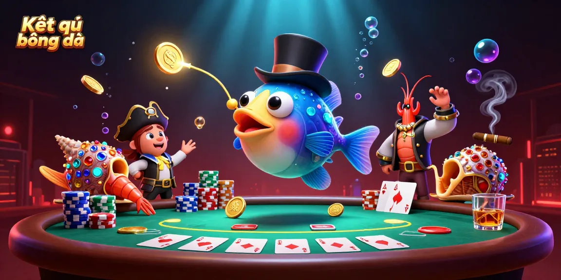 Attract golden coins while watching Kết quả bóng đá, featuring deep-sea anglerfish and pirate shrimp in a gambling scene.