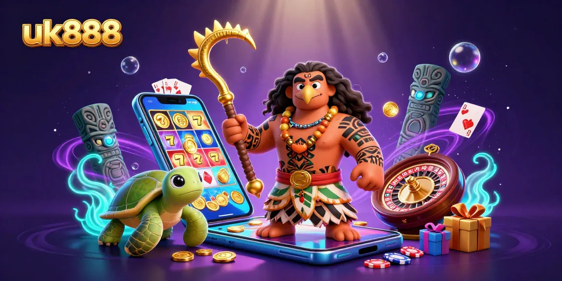 Experience exhilarating gaming with uk888's vibrant 3D casino scene featuring colorful slots and dynamic characters.