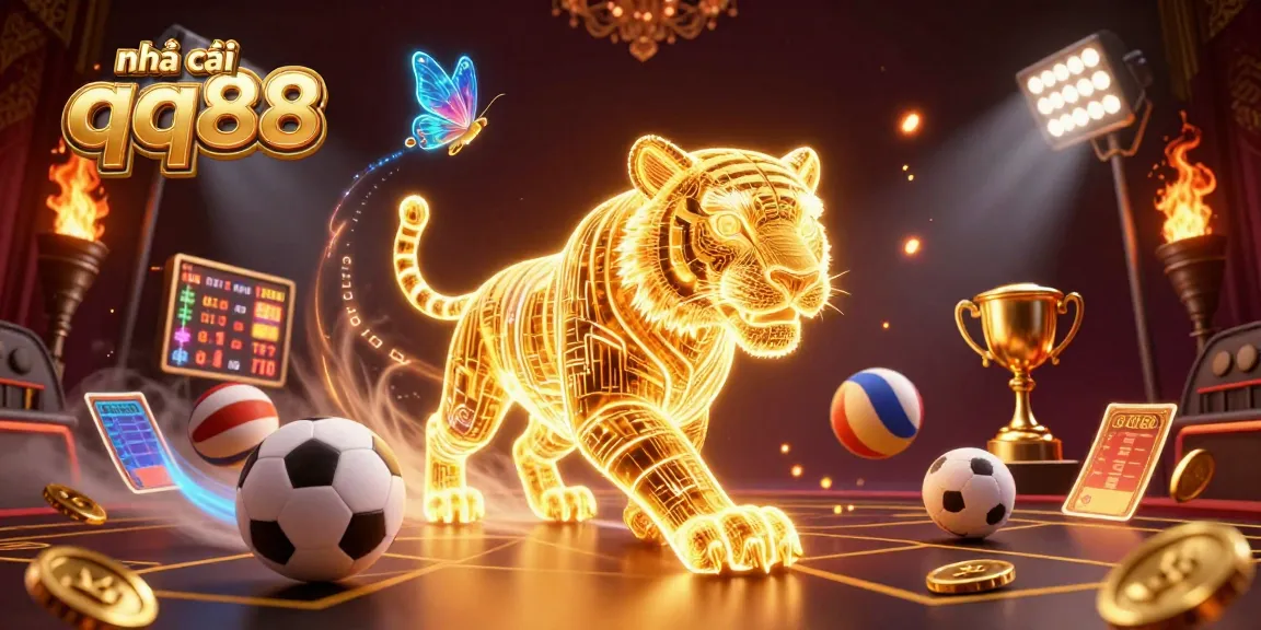 Experience vibrant gaming action at nhà cái qq88 with a neon tiger, sports elements, and gold coins.