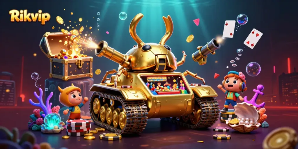 Engage with Rikvip's immersive casino experience featuring a dynamic 3D beetle tank.