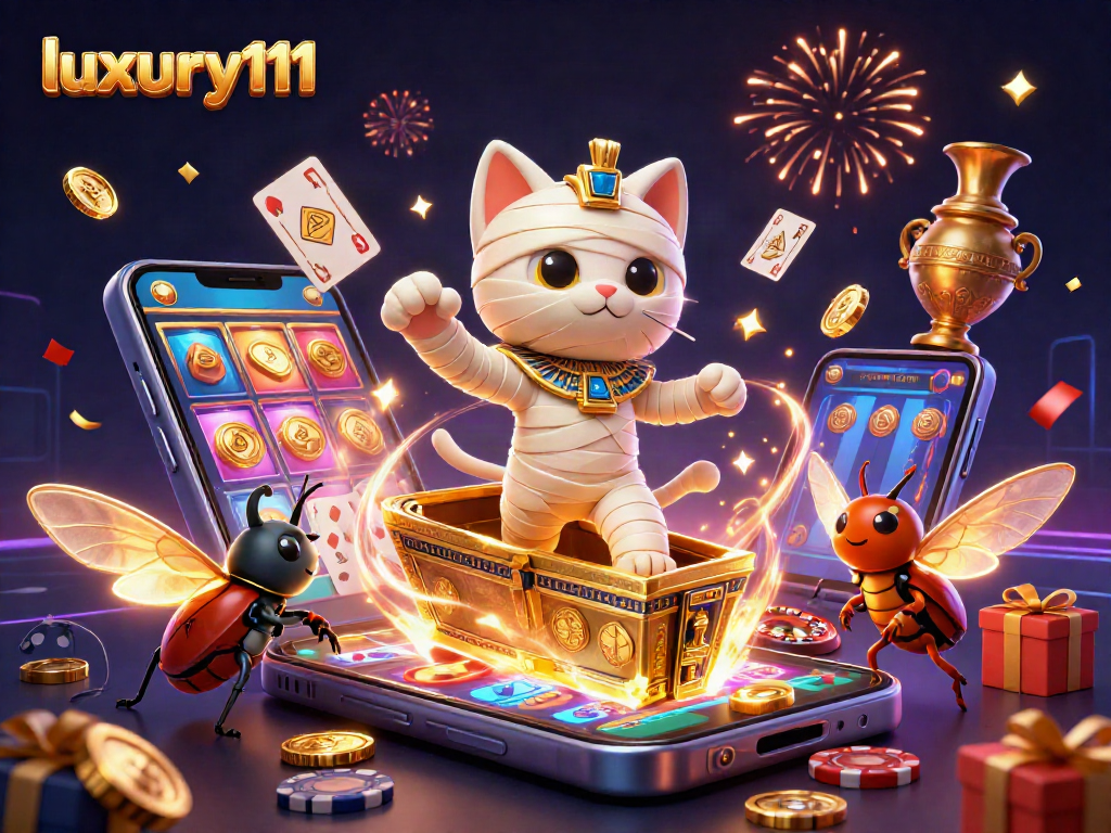 Experience the thrill of luxury111 as the mummy cat bursts from a casino sarcophagus amidst golden winnings.