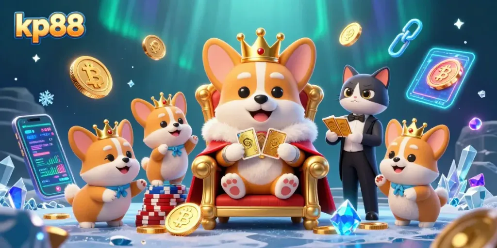 Play exciting games with kp88 featuring a royal corgi on a throne of poker chips amid dazzling crypto elements.