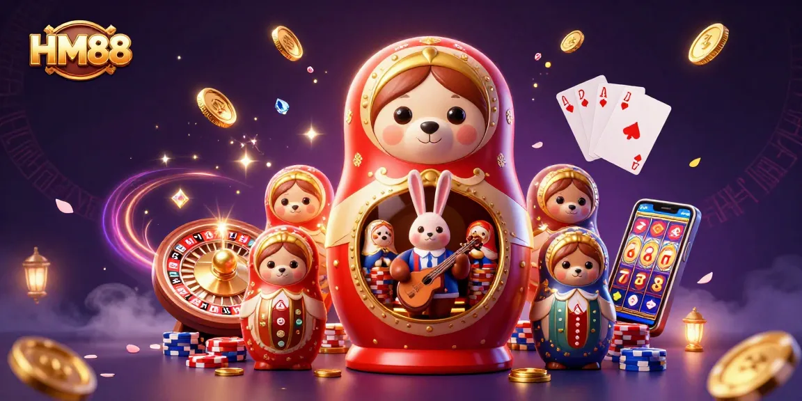 Experience the excitement of HM88 Casino with colorful dealer bears and festive game elements.