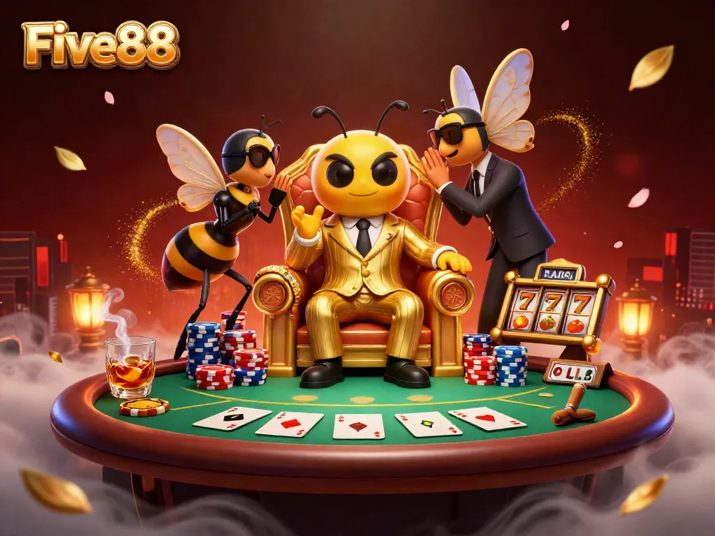 Experience the vibrant Five88 casino scene with a charming bumblebee mob boss, poker elements, and animated joy.
