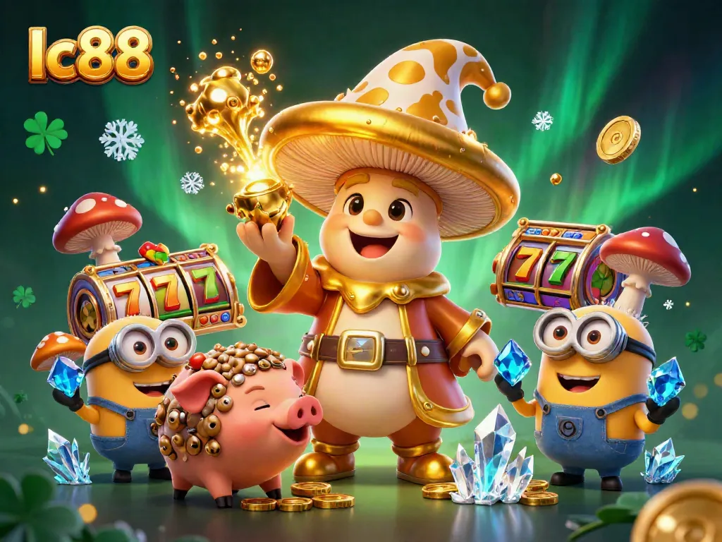Experience lc88's enchanting magic with a golden wizard, pig companion, and vibrant gaming elements.