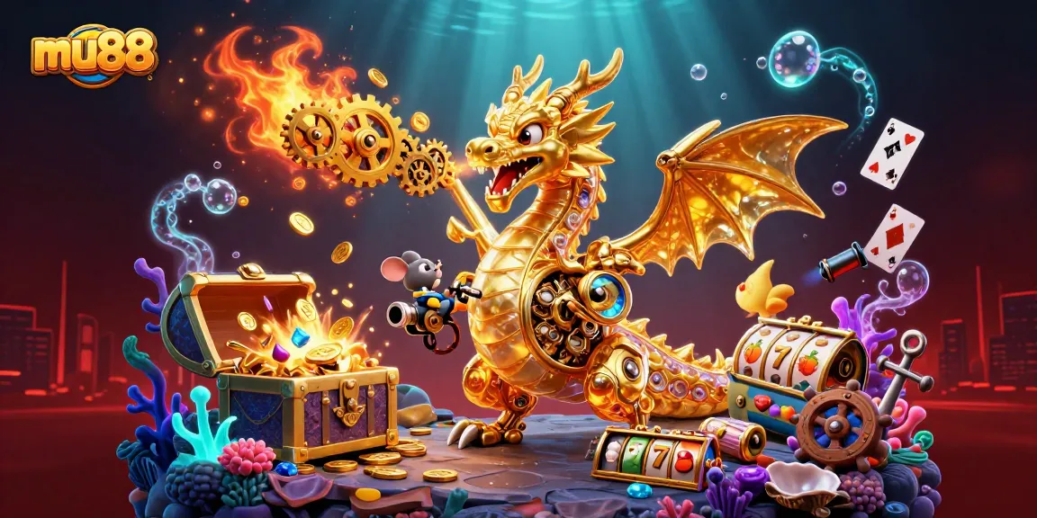 mu88 showcases a vibrant casino scene with a golden dragon and treasure, perfect for online gambling excitement.