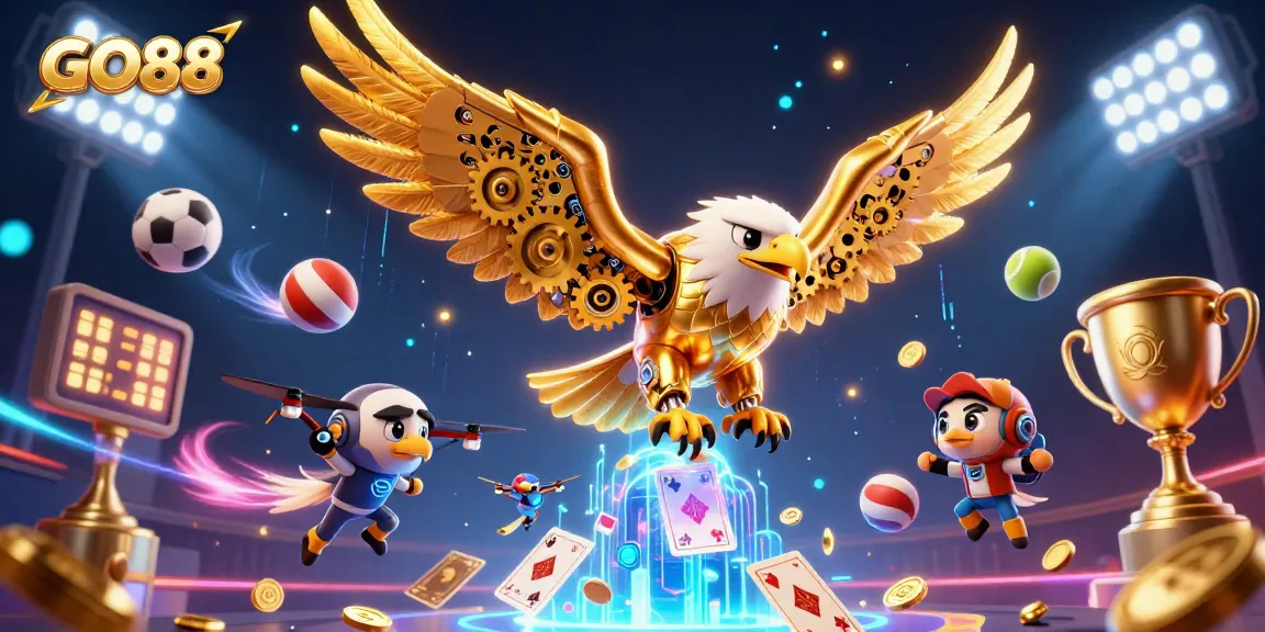 Experience GO88's thrilling casino world with golden eagle, dynamic sports elements, and holographic effects.