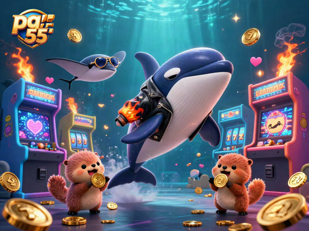 Experience exciting gameplay with pg 55 as the orca jumps alongside golden coins and vibrant gaming elements.