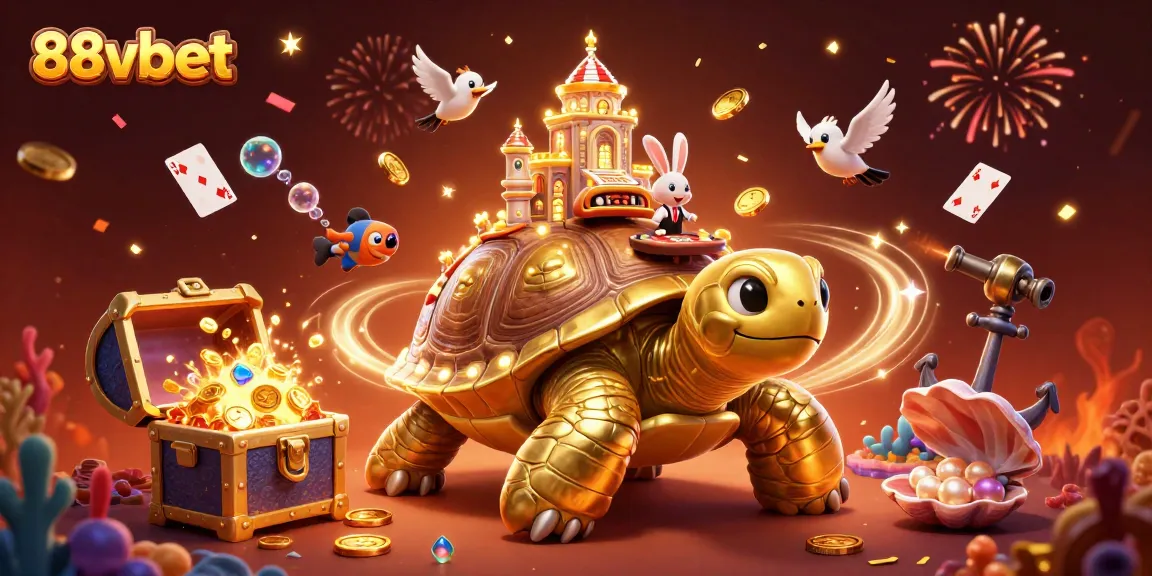 Immerse yourself in 88vbet's vibrant casino world with golden tortoise and rabbit dealer.