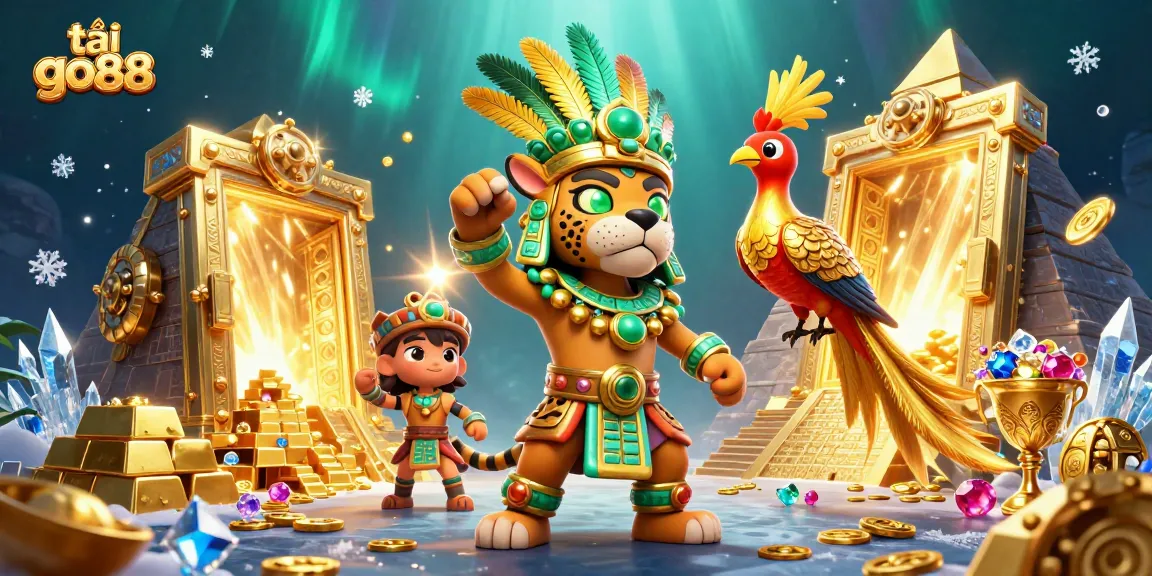 Play at tải go88 and explore vibrant 3D gaming illustrations filled with treasures and excitement.