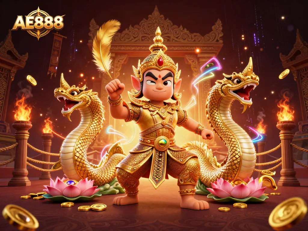 Experience thrilling wins at AE888 with legendary guardians and gold coins in a vibrant casino scene.