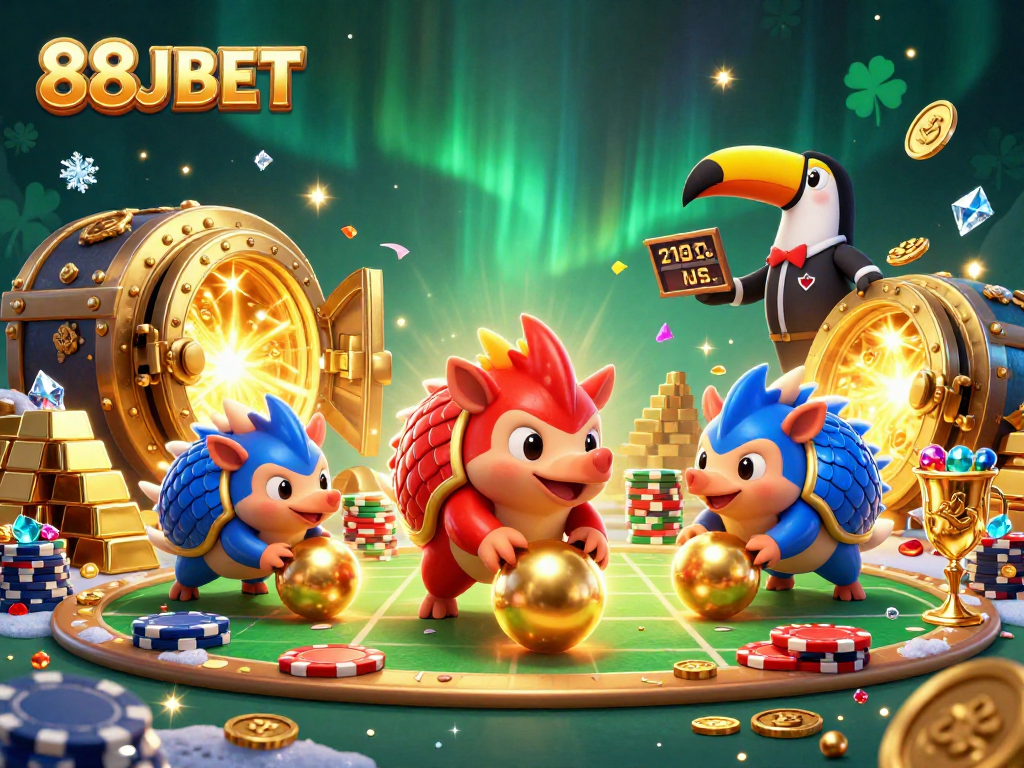 Experience thrilling gameplay at 88JBET with rival pangolins bowling through poker chips amidst golden treasures.