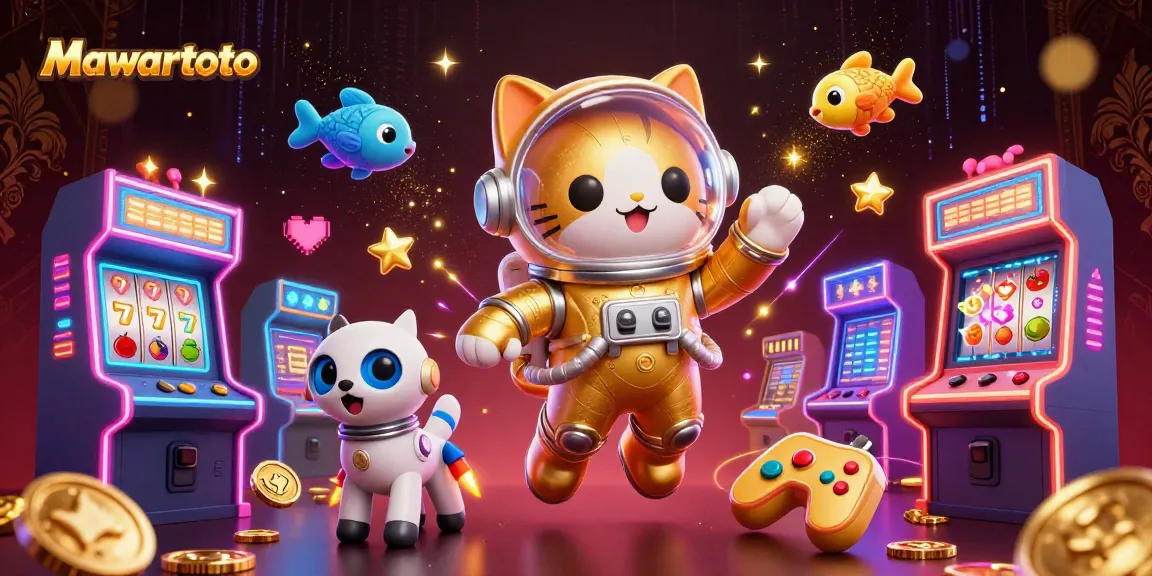 Mawartoto offers thrilling casino action with a captivating 3D illustration of an astronaut cat and robot dog in vibrant gaming scenery.