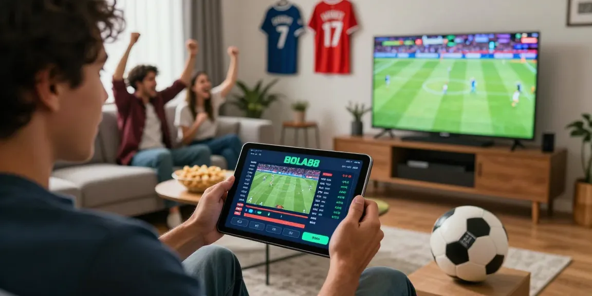Engaged bettor using BOLA88 on tablet amidst sports memorabilia in a lively game day setting.