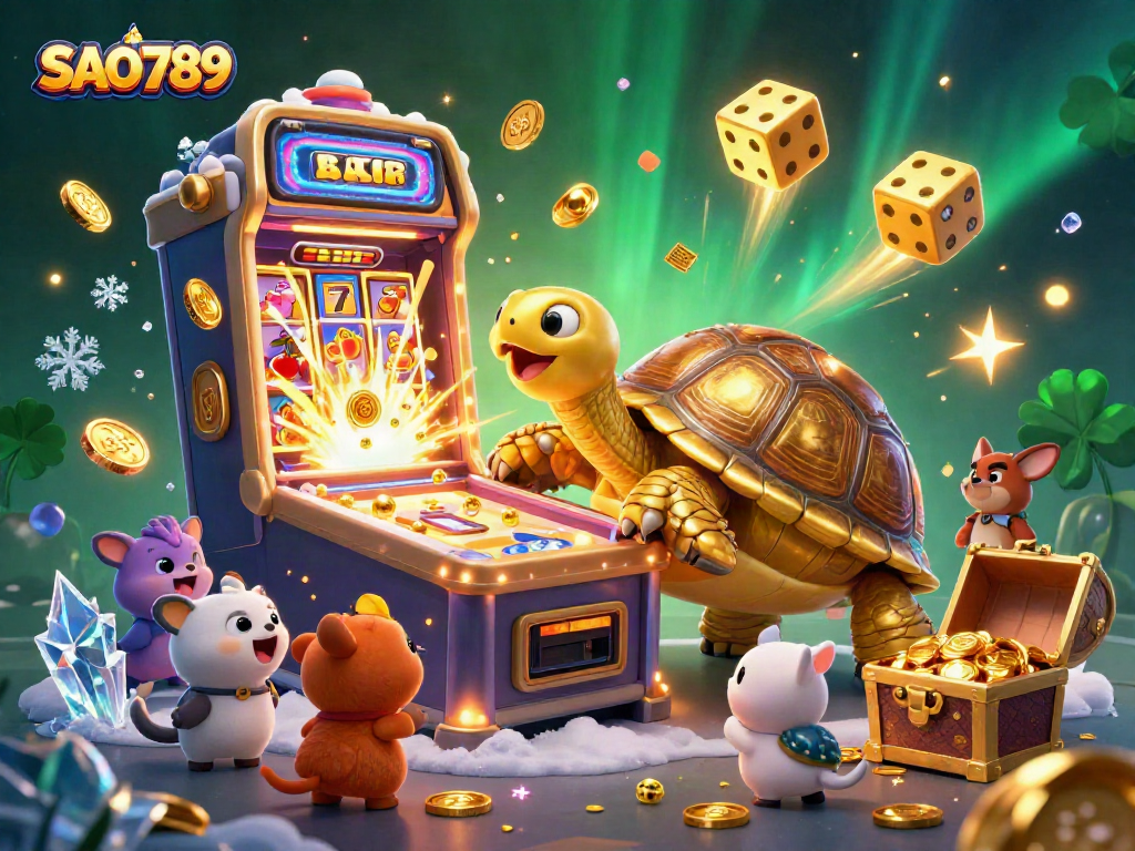 Play exciting casino games at SAO789 with vibrant illustrations of a colossal tortoise and jackpots!