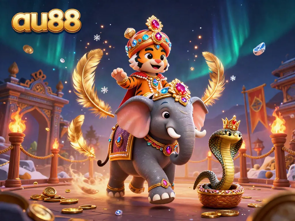 Engage with au88's thrilling gaming universe visualized through vibrant 3D characters and adorned elephants.