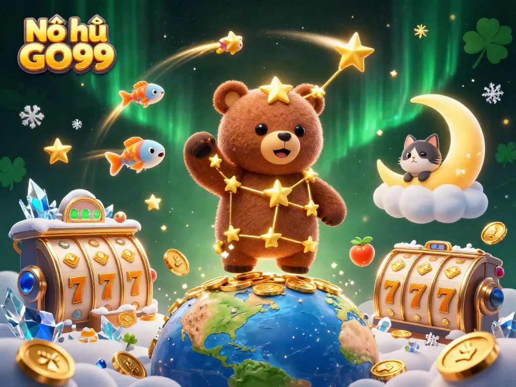 Nổ hũ GO99 showcases a vibrant scene with a constellation bear, shooting star fish, and a moon cat surrounded by dynamic slot game elements.