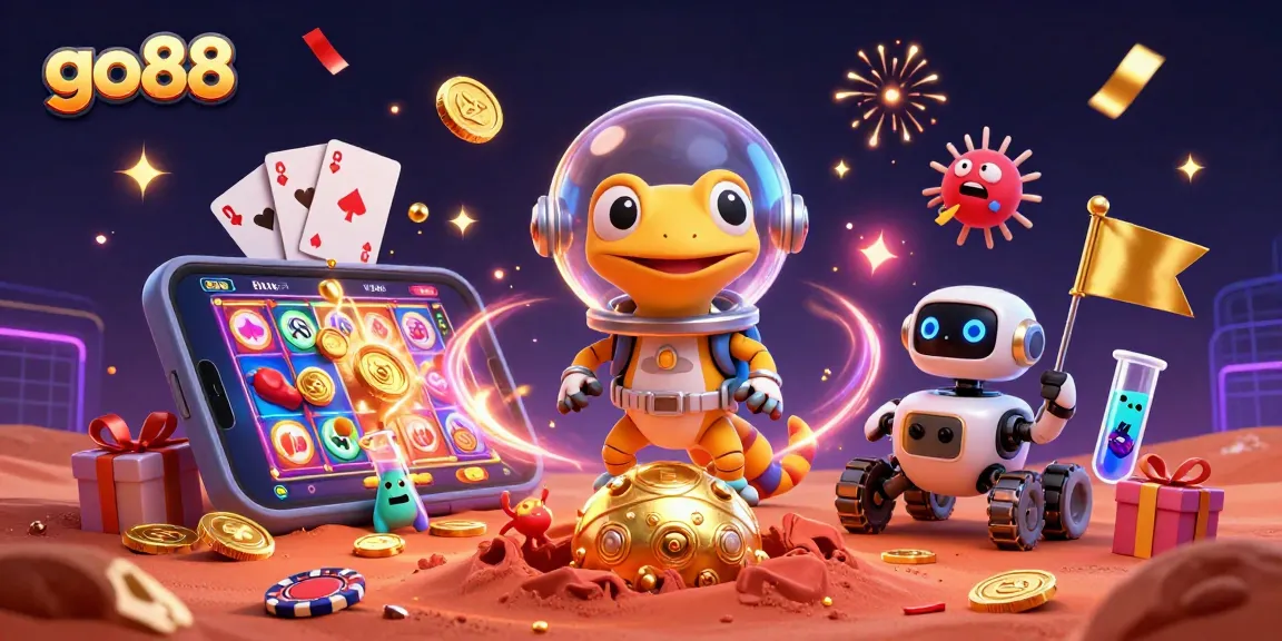 Engage with go88 in an exciting 3D casino adventure, featuring alien characters and vibrant gaming elements.