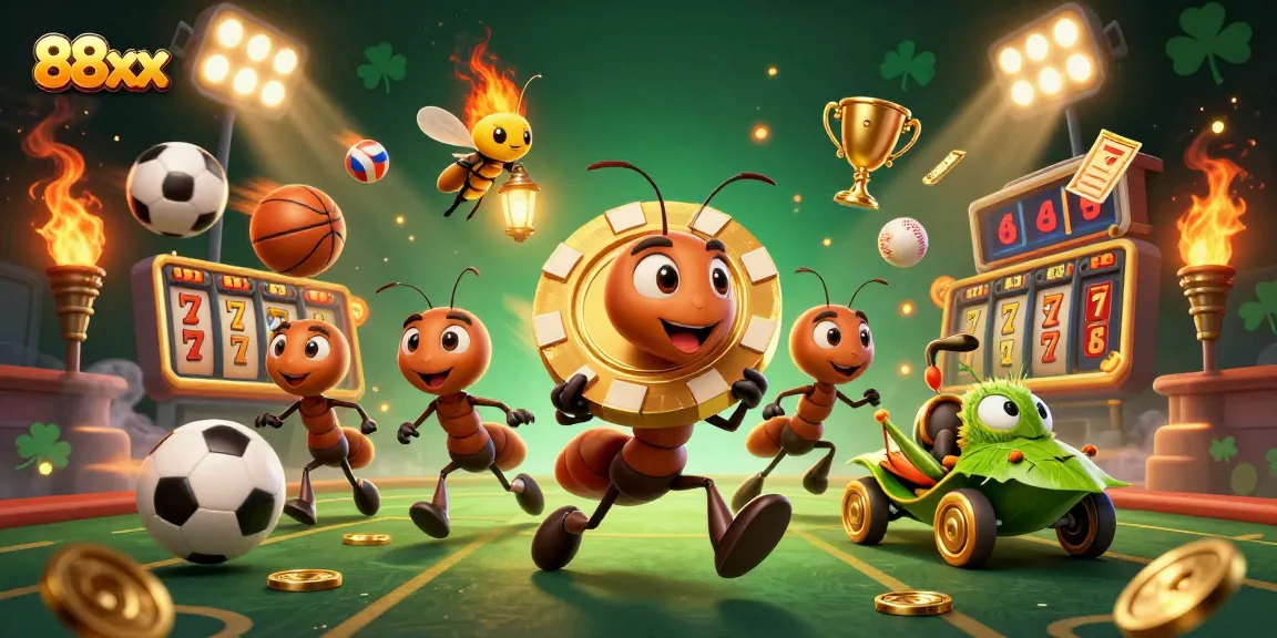 Ants orchestrating a thrilling heist with a giant poker chip while surrounded by casino elements, showcasing 88xx.
