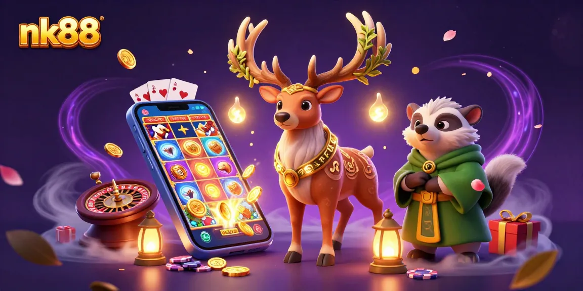 Play exciting slot games at nk88 while featuring a druid stag and a badger amidst casino elements.