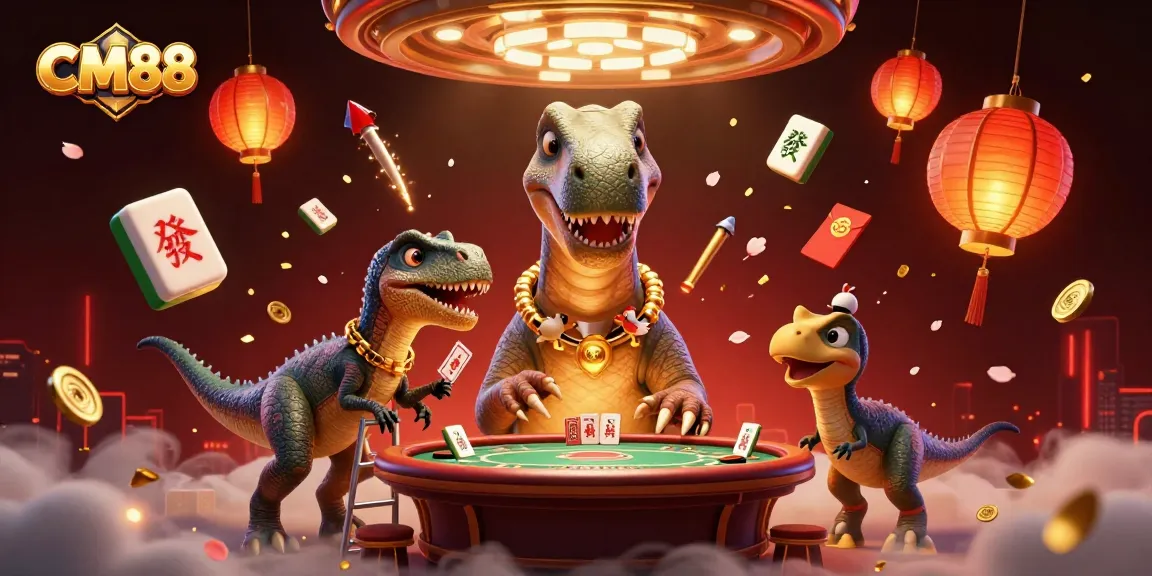 Experience thrilling gameplay at CM88 with dynamic poker action, brontosaurus dealer, and festive decor.