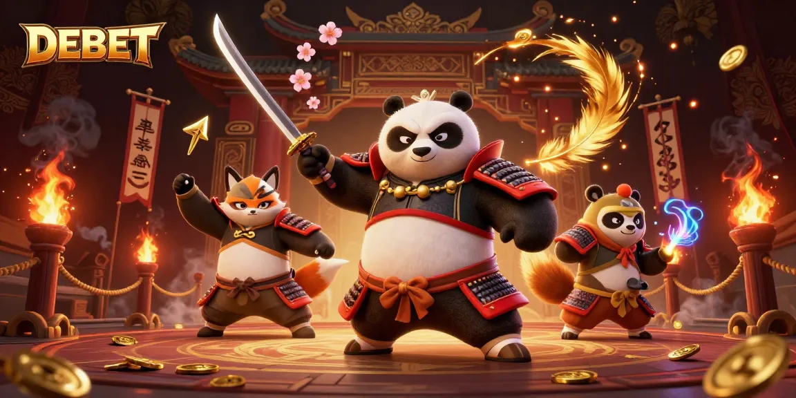 Engage in thrilling victories with DEBET as a fierce samurai panda and ninja fox battle in a dynamic casino scene.