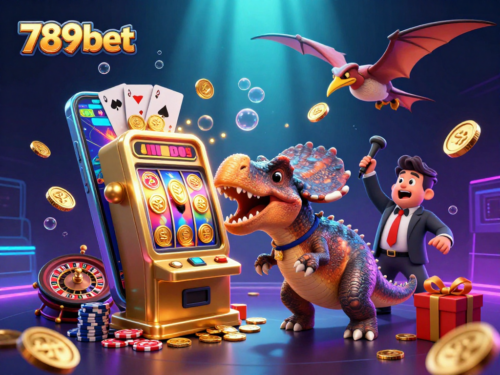 Experience the excitement of 789bet with a cartoon dinosaur hitting a jackpot and coins spilling everywhere.