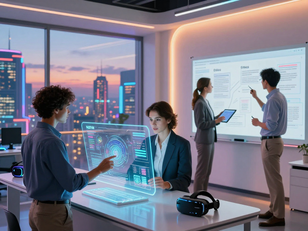 Explore NSFW AI technology in a futuristic workspace with professionals collaborating on ethical AI solutions.