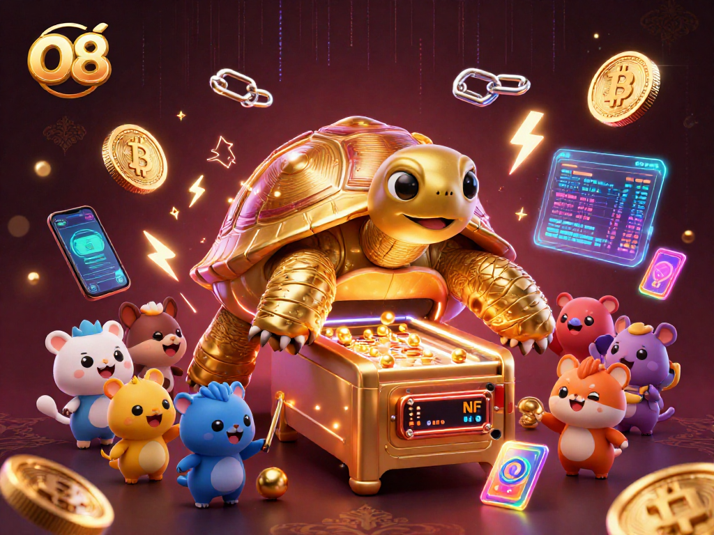 Experience the exciting world of o8 with a vibrant 3D golden tortoise pinball machine and crypto elements.