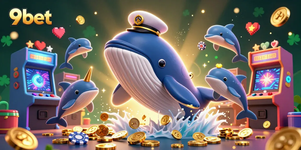 9bet offers a vibrant 3D illustration of a whale and playful dolphins amidst casino-themed elements.