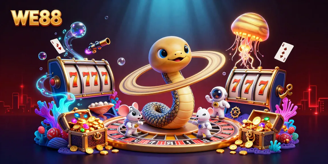 Experience the excitement of WE88 with a cosmic dealer and astronaut mice betting on a roulette wheel made of Saturn's rings.