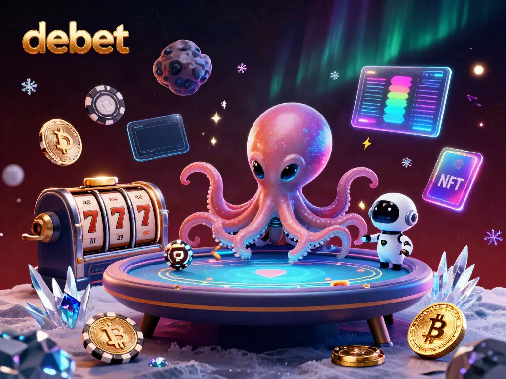 Experience the excitement of debet with a vibrant 3D alien poker scene filled with dynamic slots and crypto elements.