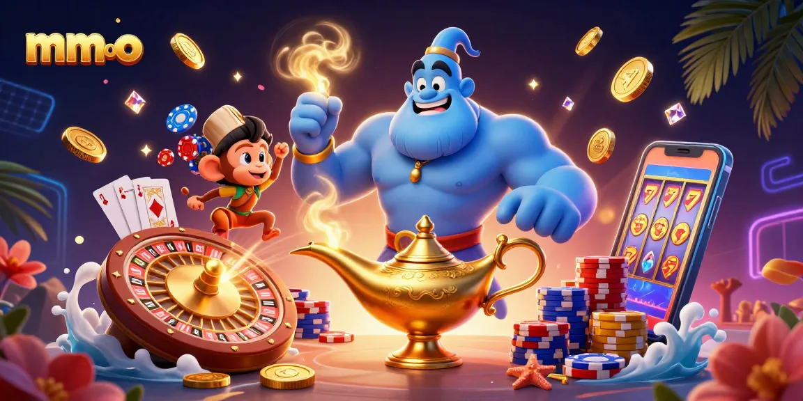 Experience thrilling gameplay with mmoo's lively casino scene featuring a genie and poker elements.