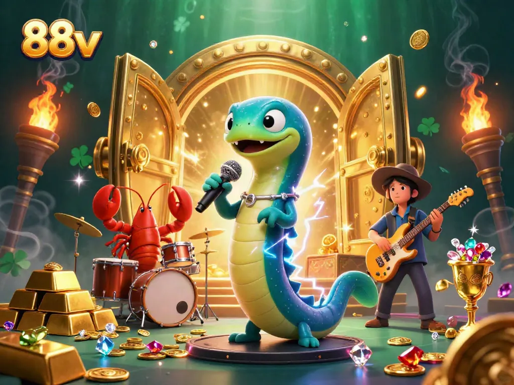 Experience vibrant underwater casino entertainment with 88vv's whimsical DJ eel, drummer lobster, and guitarist seahorse.